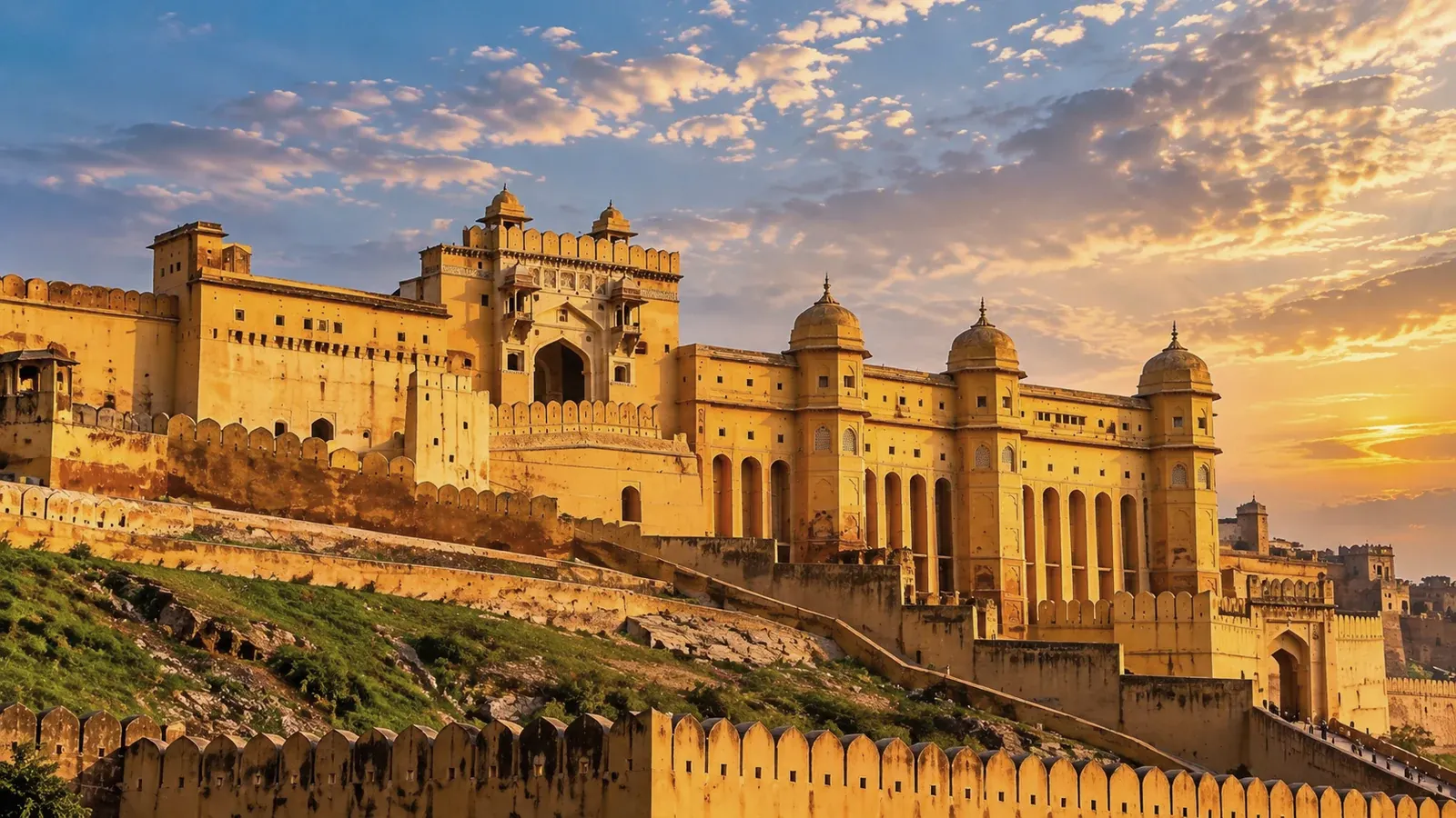 Amber Fort in Jaipur illuminated by warm evening sunlight, featuring sandstone ramparts, gateways and Rajput architecture.