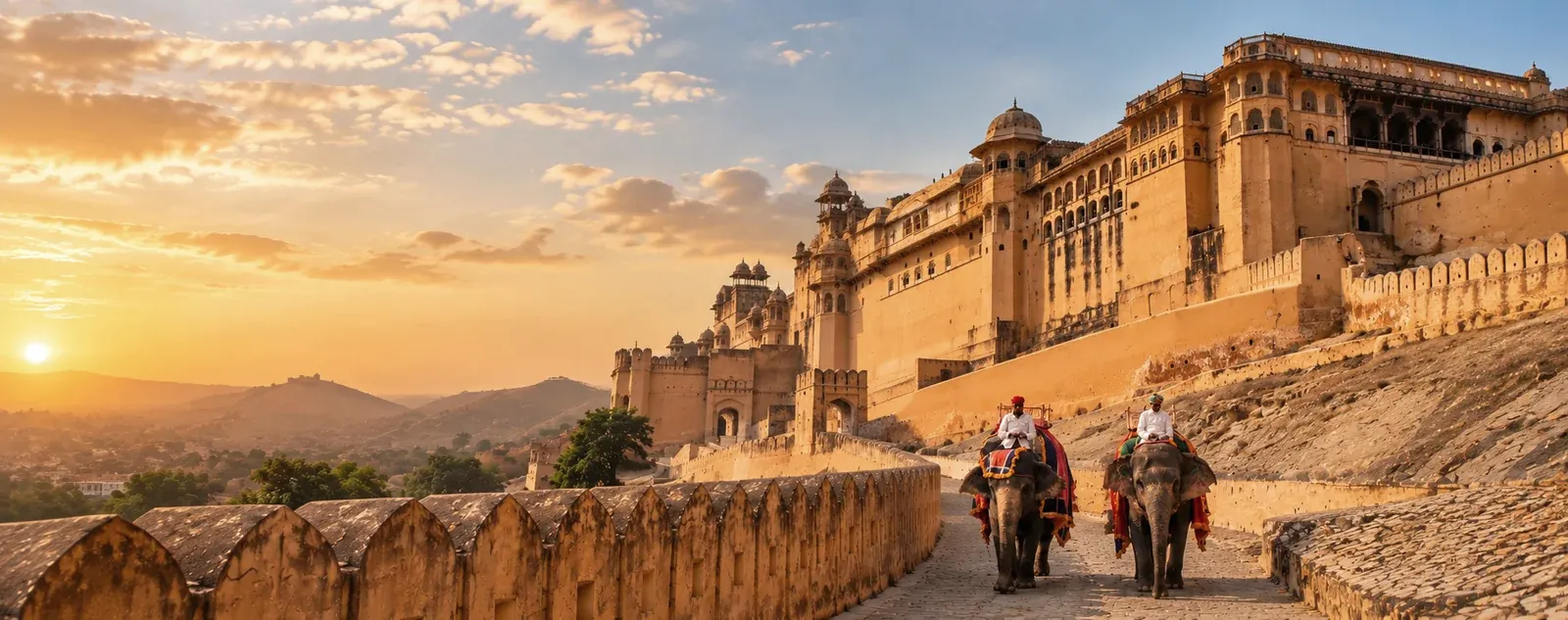 Amber Fort in Jaipur at golden hour, with elephants and mahouts on the historic fort approach.